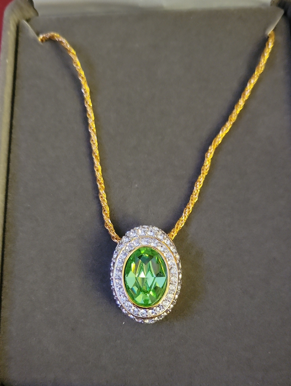 Gold-tone Necklace with Green Oval Crystal Pendant